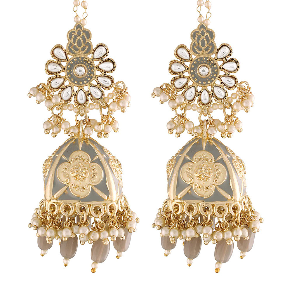 Etnico Gold Plated Alloy Intricately Designed Traditional with Detachable Hair Chain Encased with Kundans and Pearls Jhumka Earrings for Women(E2907Gr)