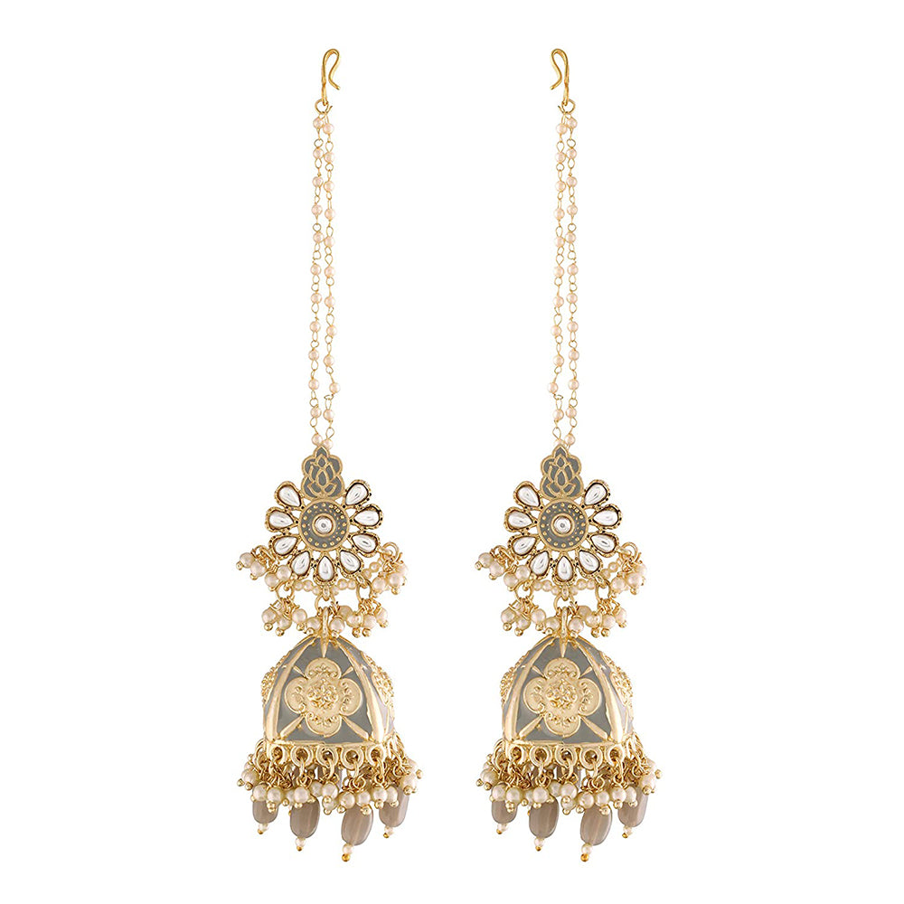 Etnico Gold Plated Alloy Intricately Designed Traditional with Detachable Hair Chain Encased with Kundans and Pearls Jhumka Earrings for Women(E2907Gr)