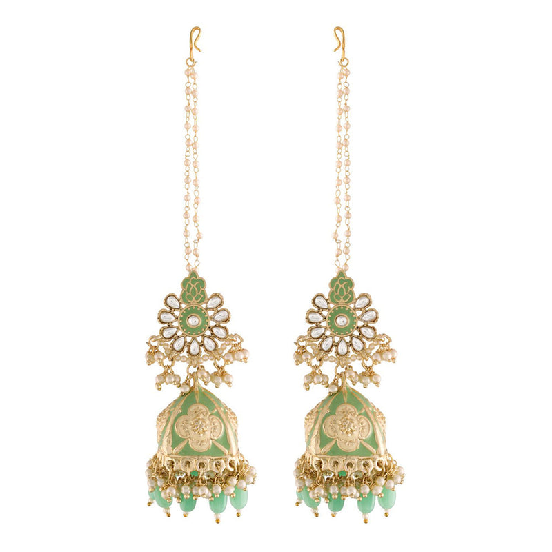 EtnicoWomen's 18K Gold Plated Intricately Designed Traditional with Detachable Hair Chain Encased with Kundans and Pearls Alloy Jhumka Earrings (E2907Min)