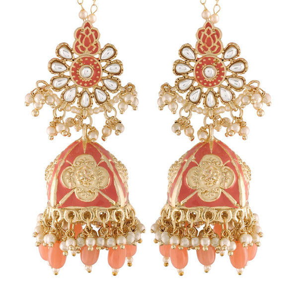 Etnico18K Gold Plated Intricately Designed Traditional with Detachable Hair Chain Encased With Kundans & Pearls Jumka Earrings For Women (E2907Pi)