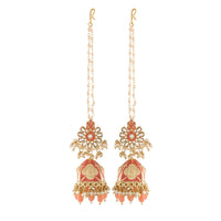 Etnico18K Gold Plated Intricately Designed Traditional with Detachable Hair Chain Encased With Kundans & Pearls Jumka Earrings For Women (E2907Pi)