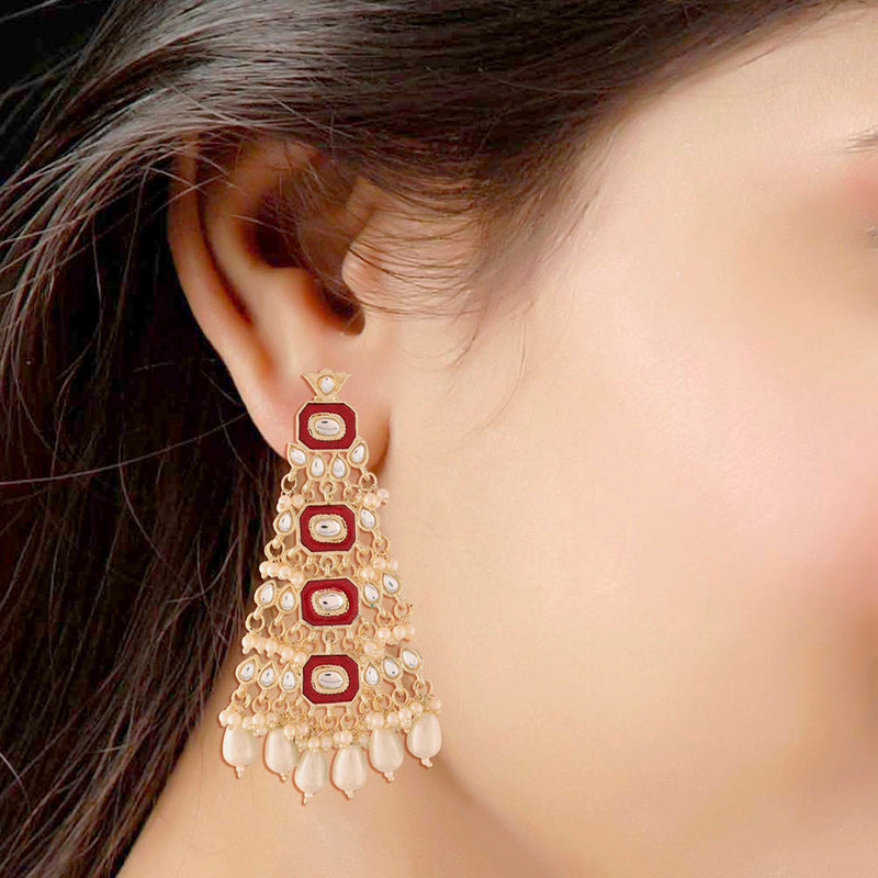 Etnico18k Gold Plated Red Meenakari Kundan Pearl Chandbali Dangle Earrings for Women (E2938R)