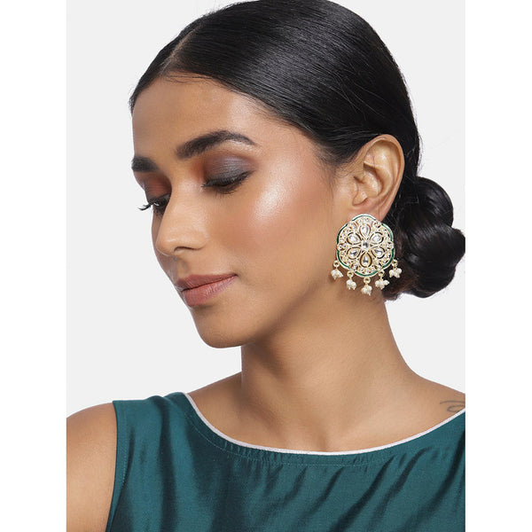Etnico18k Gold Plated Green Meenakari Kundan Pearl Stud Earrings for Women (E2939G)
