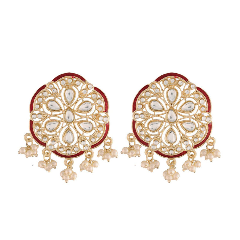 Etnico18k Gold Plated Red Meenakari Kundan Pearl Stud Earrings for Women (E2939R)