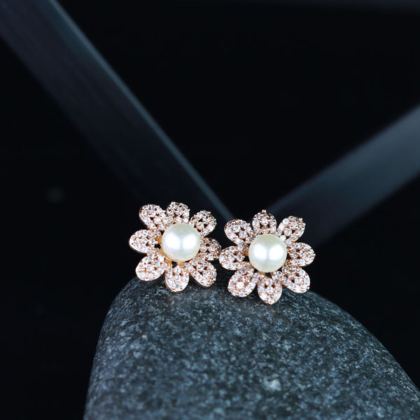 Etnico Valentine's Special Rose Gold-Plated & White Floral Studs Earrings for Women (E2974)