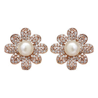 Etnico Valentine's Special Rose Gold-Plated & White Floral Studs Earrings for Women (E2974)