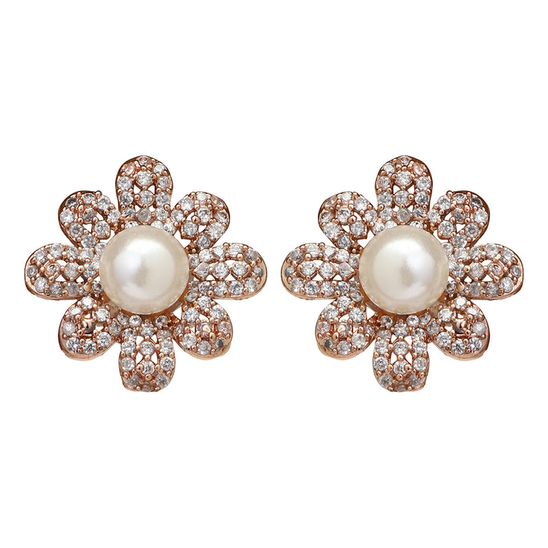 Etnico Valentine's Special Rose Gold-Plated & White Floral Studs Earrings for Women (E2974)