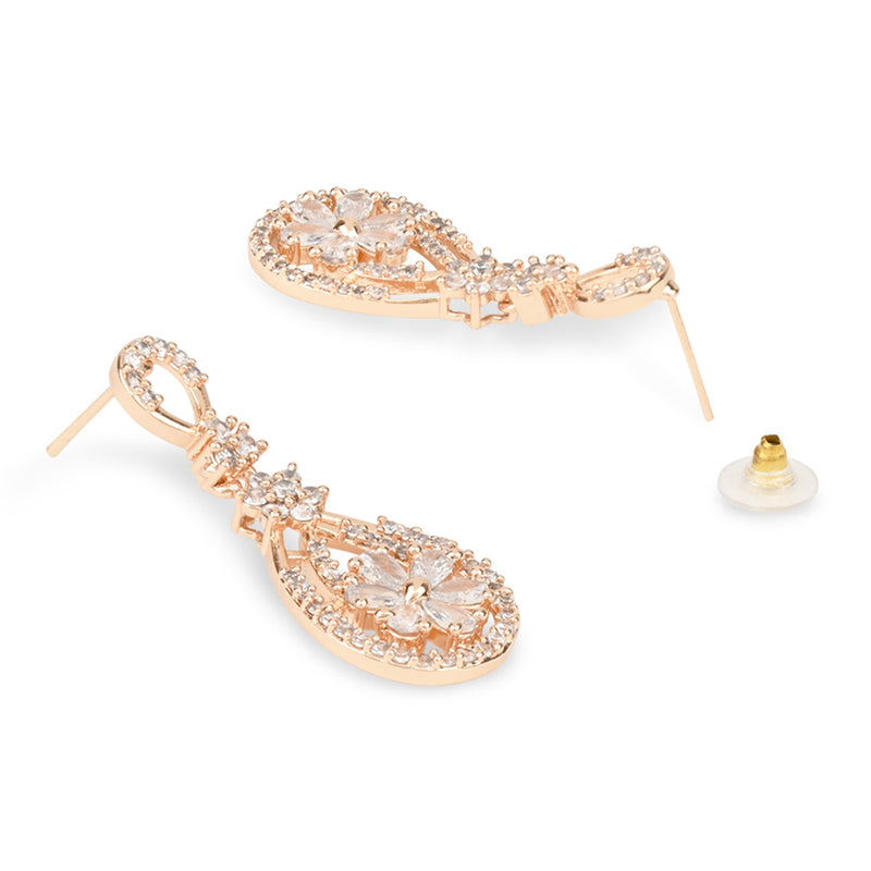 Etnico Valentine's Special Rose Gold Plated & White AD Studded Drop Earrings for Women (E2976)
