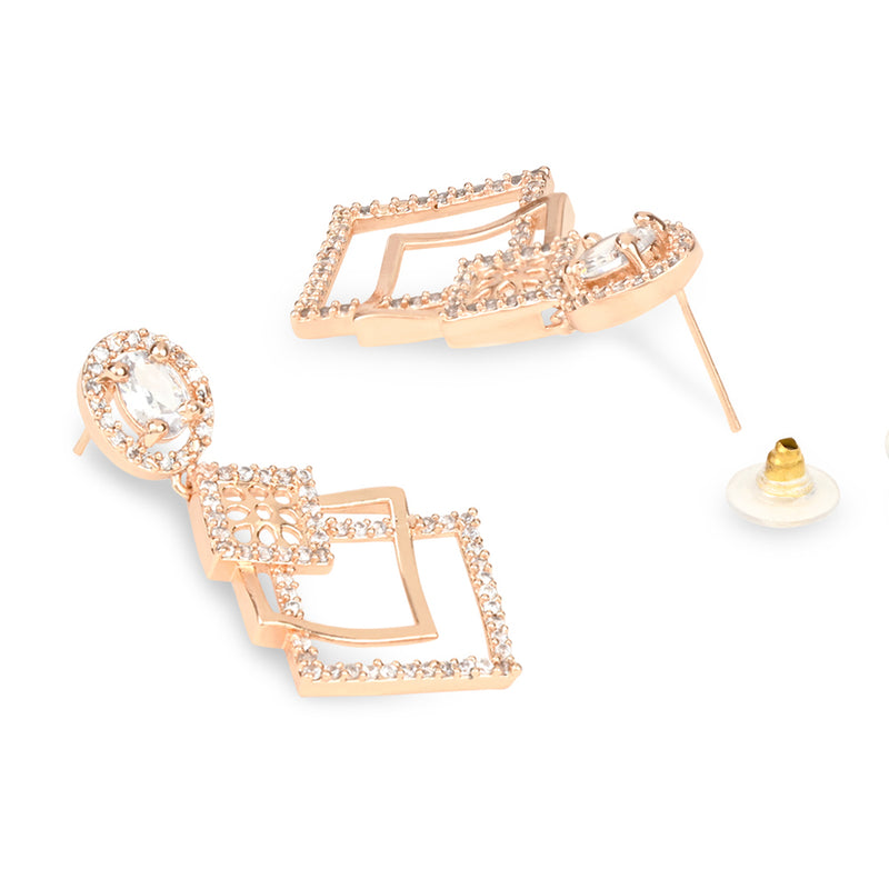 Etnico Valentine's Special Rose Gold Plated & White AD Studded Drop Earrings for Women (E2977)