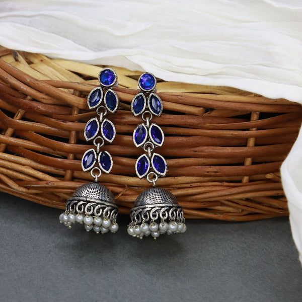 Etnico Silver Oxidised Traditional Kundan & Stone Studded Jhumka Earrings For Women (E2979ZBl)