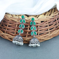Etnico Silver Oxidised Traditional Kundan & Stone Studded Jhumka Earrings For Women (E2979ZG)
