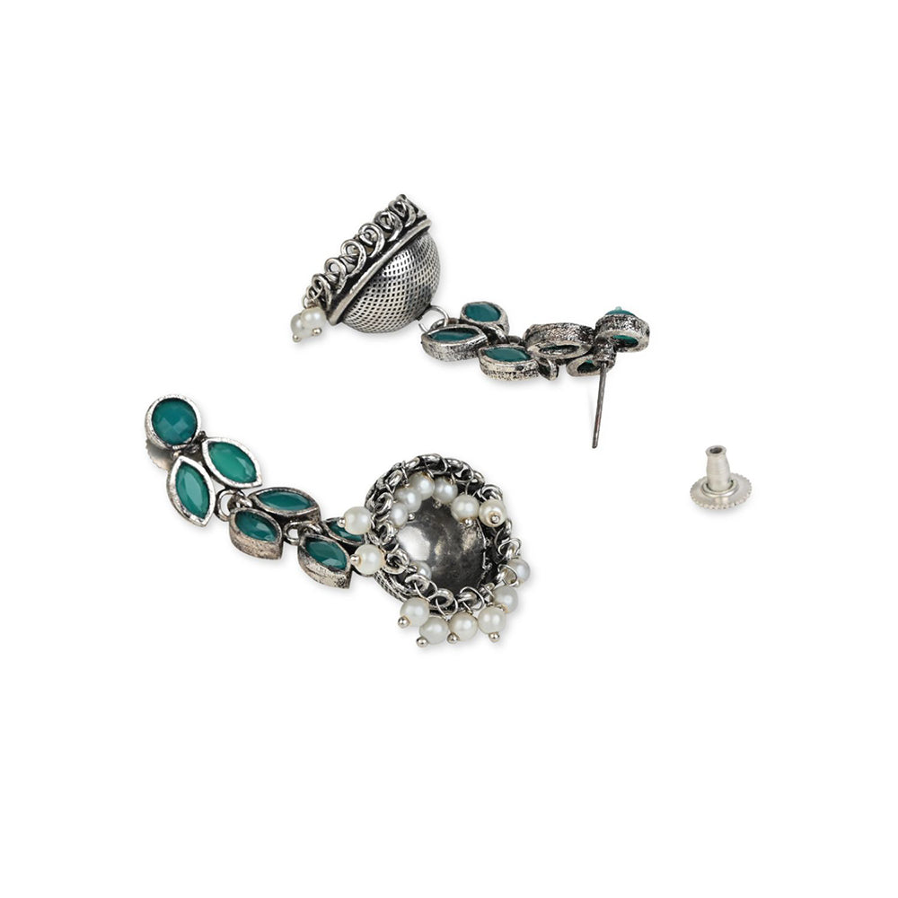Etnico Silver Oxidised Traditional Kundan & Stone Studded Jhumka Earrings For Women (E2979ZG)