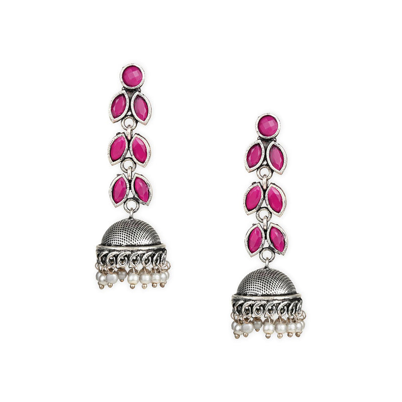 Etnico Silver Oxidised Traditional Kundan & Stone Studded Jhumka Earrings For Women (E2979ZQ)