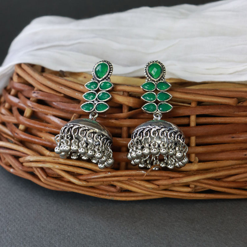 Etnico Silver Oxidised Traditional Kundan & Stone Studded Jhumka Earrings For Women (E2980ZG)