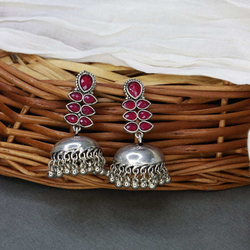 Etnico Silver Oxidised Traditional Kundan & Stone Studded Jhumka Earrings For Women (E2980ZQ)