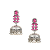 Etnico Silver Oxidised Traditional Kundan & Stone Studded Jhumka Earrings For Women (E2980ZQ)