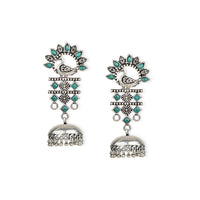Etnico Silver Oxidised Traditional Kundan & Stone Studded Jhumka Earrings For Women (E2981ZG)