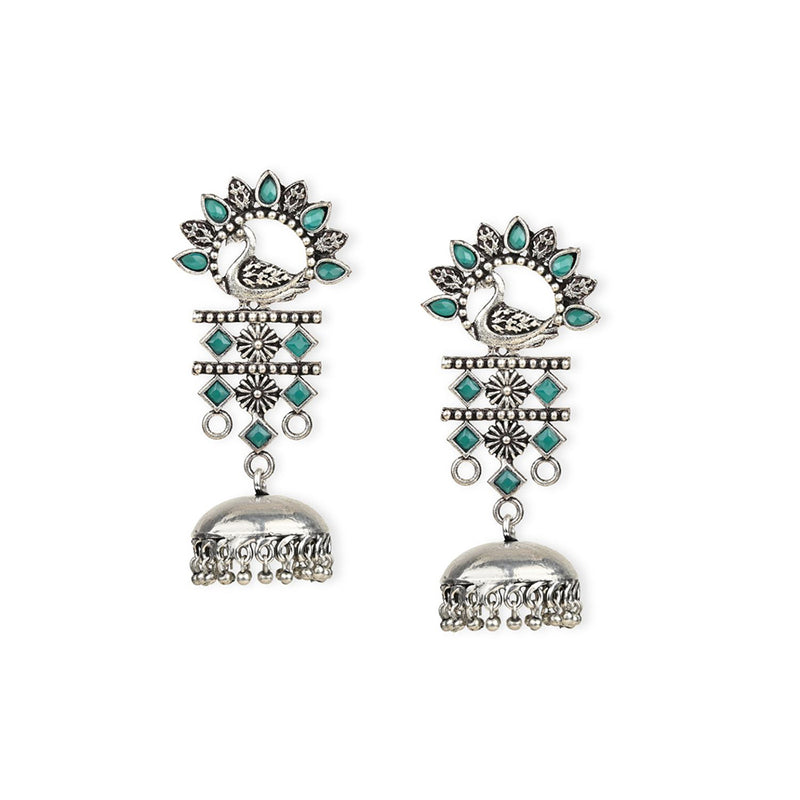 Etnico Silver Oxidised Traditional Kundan & Stone Studded Jhumka Earrings For Women (E2981ZG)