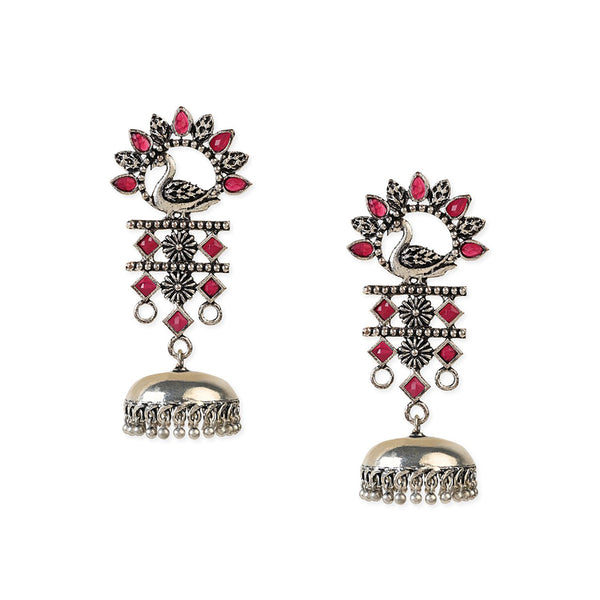 Etnico Silver Oxidised Traditional Kundan & Stone Studded Jhumka Earrings For Women (E2981ZQ)