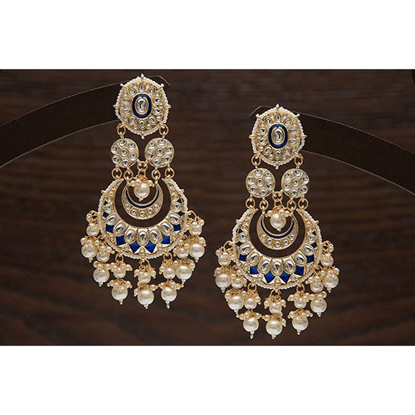 Etnico Gold Plated Intricately Designed Traditional Blue Meenakari Earrings Glided With Kundans & Pearls (E3006Bl)