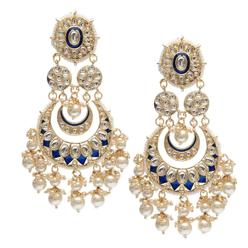 Etnico Gold Plated Intricately Designed Traditional Blue Meenakari Earrings Glided With Kundans & Pearls (E3006Bl)