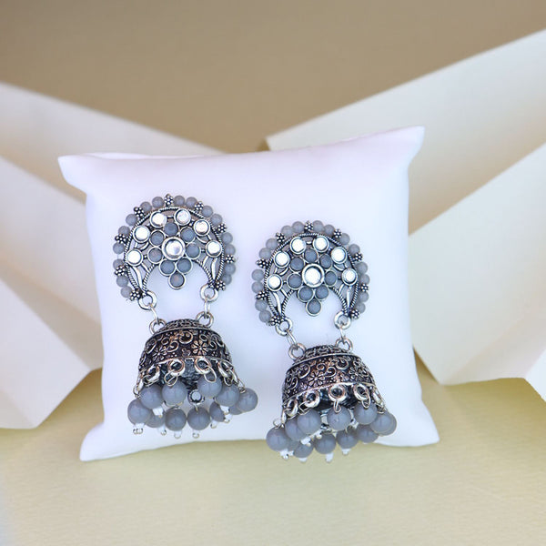 Etnico Silver Oxidised Traditional Kundan & Stone Studded Jhumka Earrings For Women (E3061ZGr)