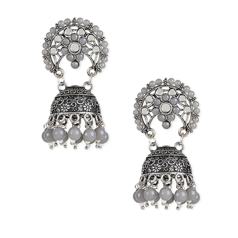Etnico Silver Oxidised Traditional Kundan & Stone Studded Jhumka Earrings For Women (E3061ZGr)