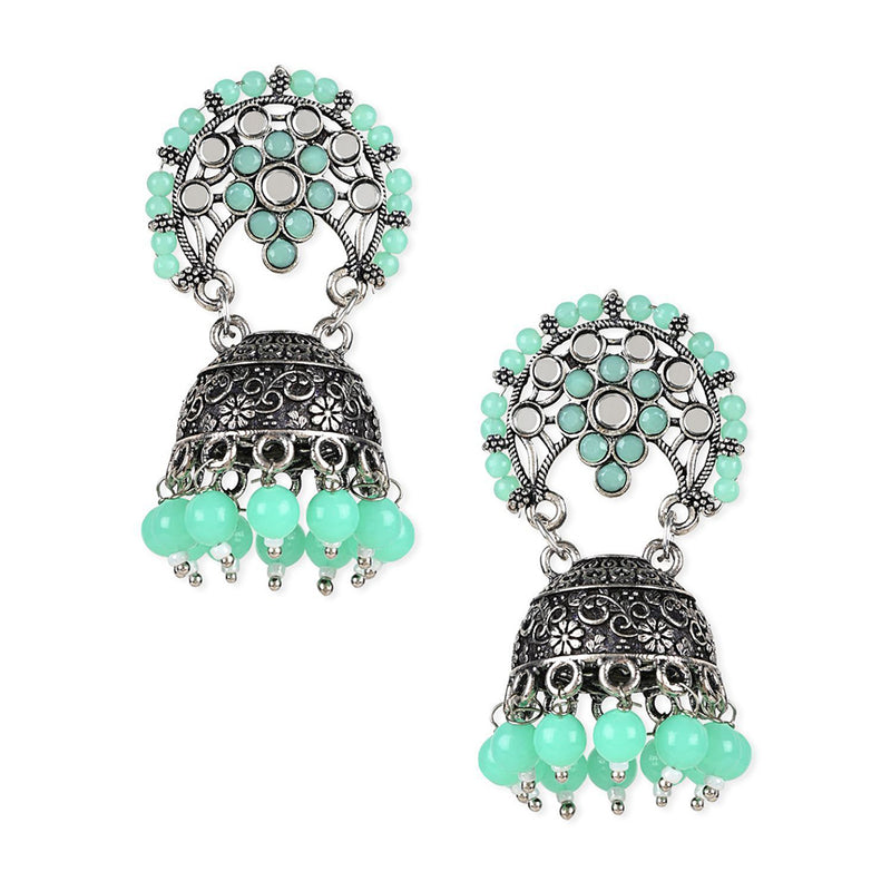 Etnico Silver Oxidised Traditional Kundan & Stone Studded Jhumka Earrings For Women (E3061ZMin)