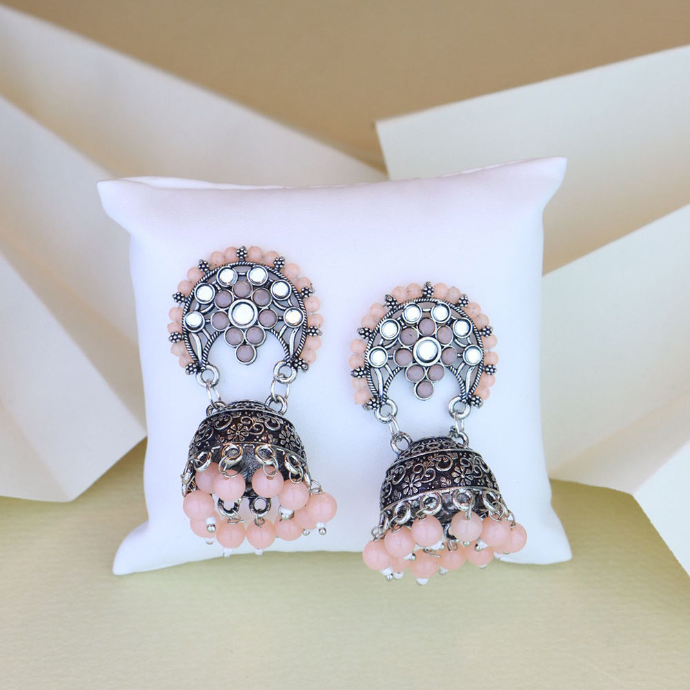 Etnico Silver Oxidised Traditional Peach Kundan & Stone Studded Jhumka Earrings For Women (E3061ZPe)