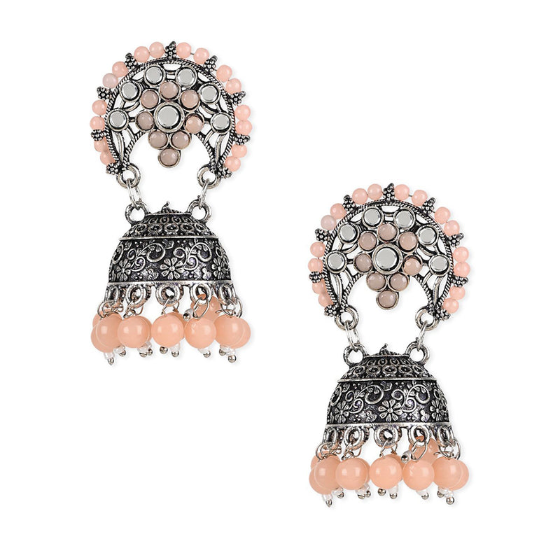 Etnico Silver Oxidised Traditional Peach Kundan & Stone Studded Jhumka Earrings For Women (E3061ZPe)