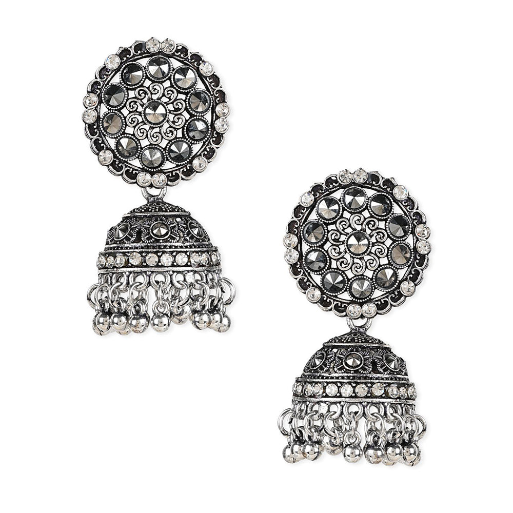 Etnico Silver Oxidised Traditional Kundan & Stone Studded Jhumka Earrings For Women (E3062OX)