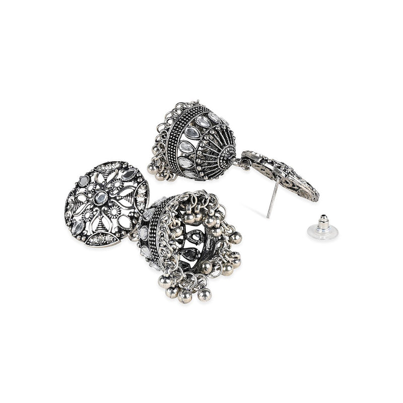 Etnico Silver Oxidised Traditional Kundan & Stone Studded Jhumka Earrings For Women (E3063OX)