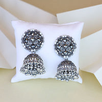 Etnico Silver Oxidised Traditional Kundan & Stone Studded Jhumka Earrings For Women (E3064OX)