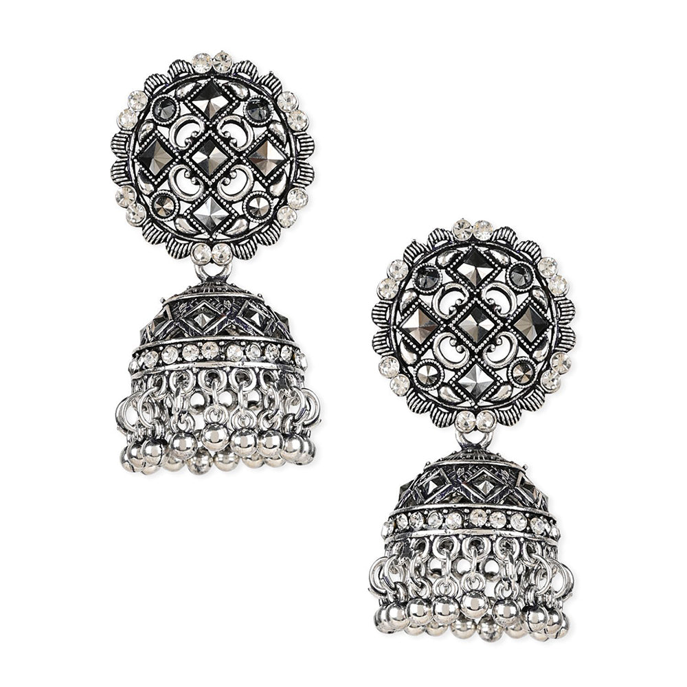 Etnico Silver Oxidised Traditional Kundan & Stone Studded Jhumka Earrings For Women (E3064OX)