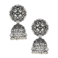 Etnico Silver Oxidised Traditional Kundan & Stone Studded Jhumka Earrings For Women (E3064OX)
