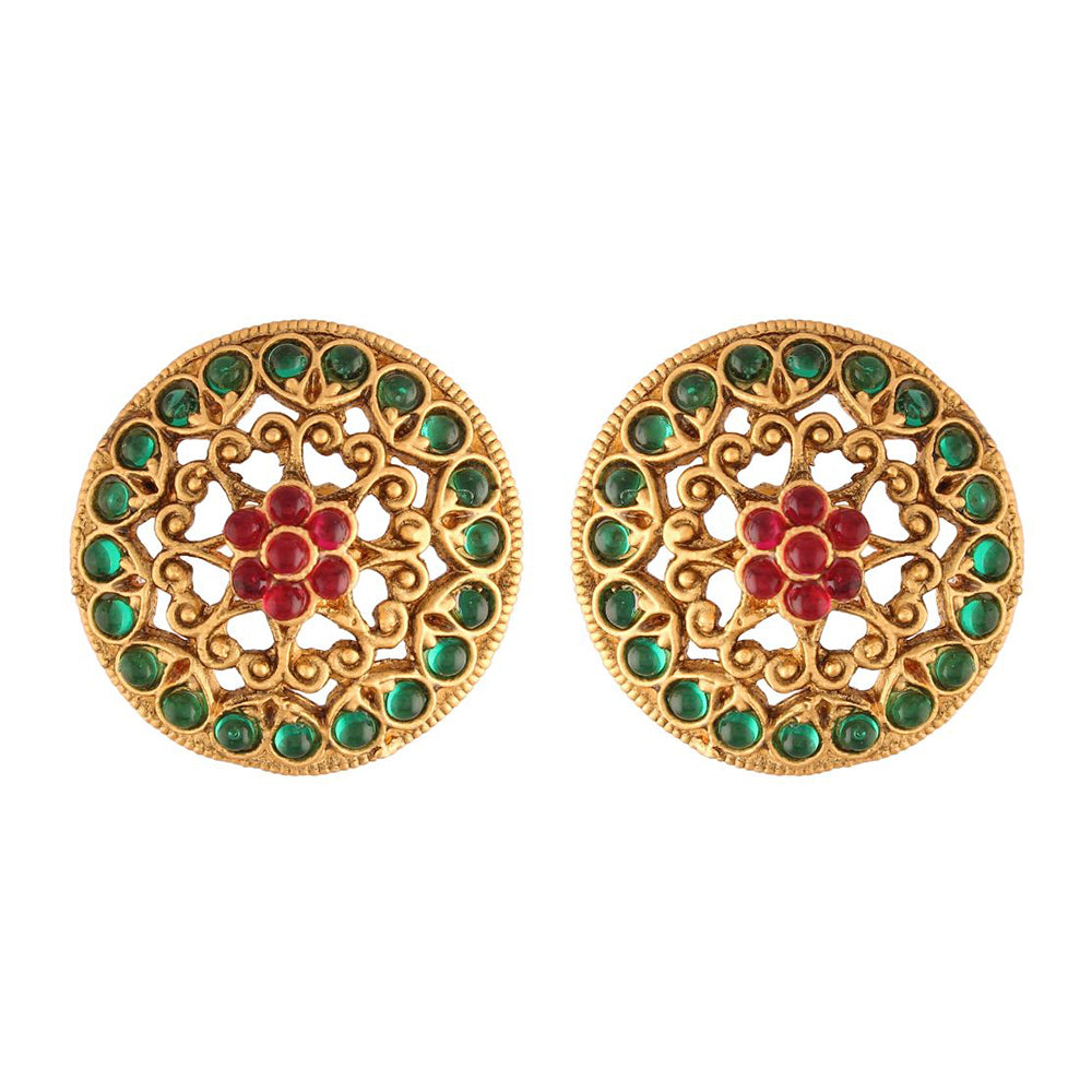 Etnico 18k Gold Plated Round Ruby Green Stone Handcraft Stud Earring for Women (E519MG)