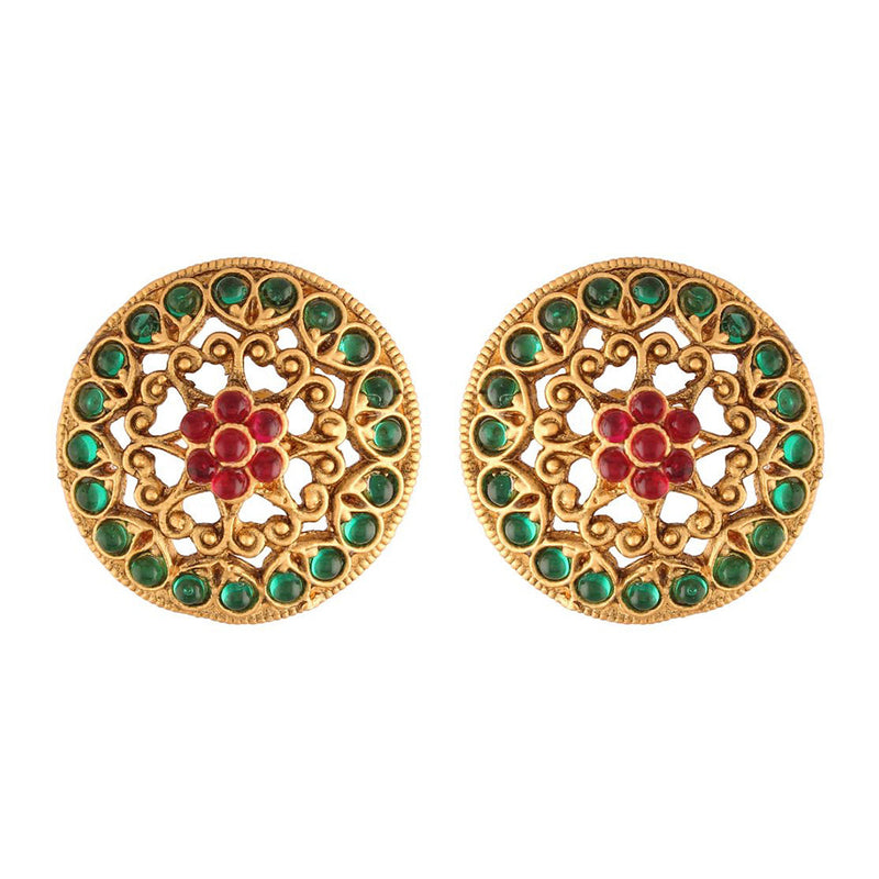 Etnico 18k Gold Plated Round Ruby Green Stone Handcraft Stud Earring for Women (E519MG)