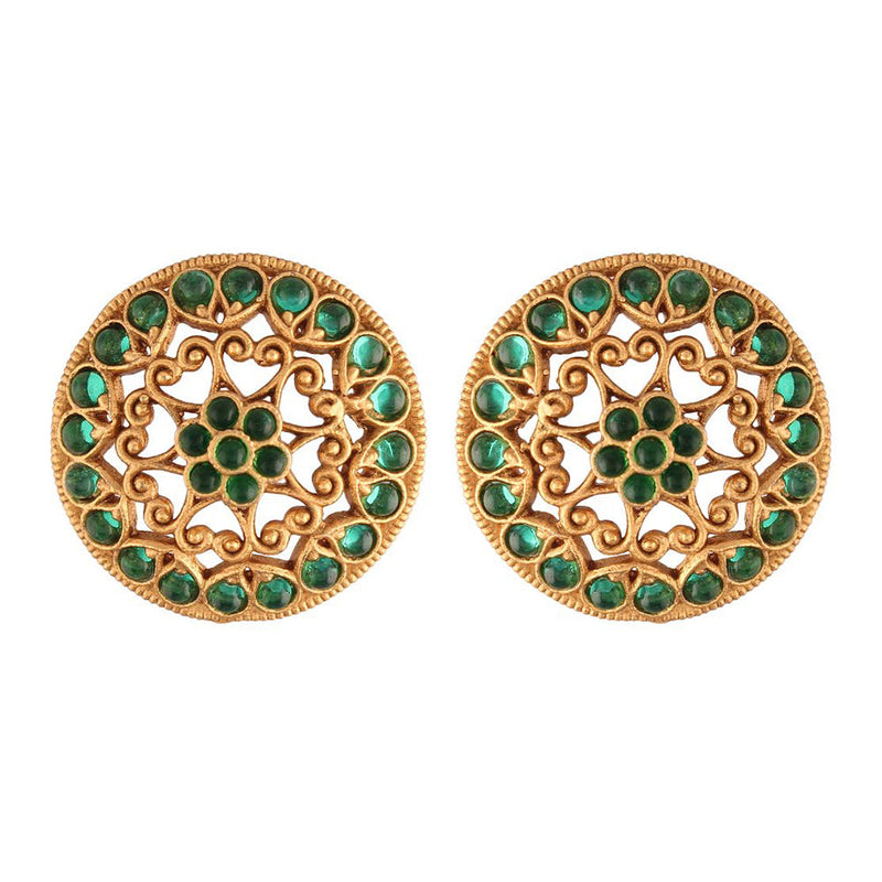 Etnico 18k Gold Plated Round Green Stone Handcraft Stud Earring for Women (E519)