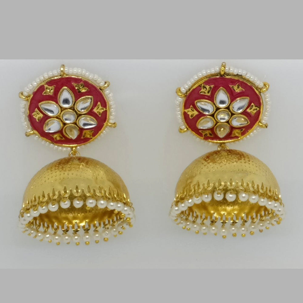 Midas Touch Gold Plated Red Meenakari And Kundan Jhumki Earrings