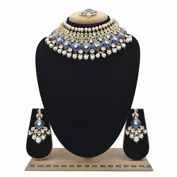 Emerald Blue Kundan & Pearl Minakari Necklace Set - EJKM0043