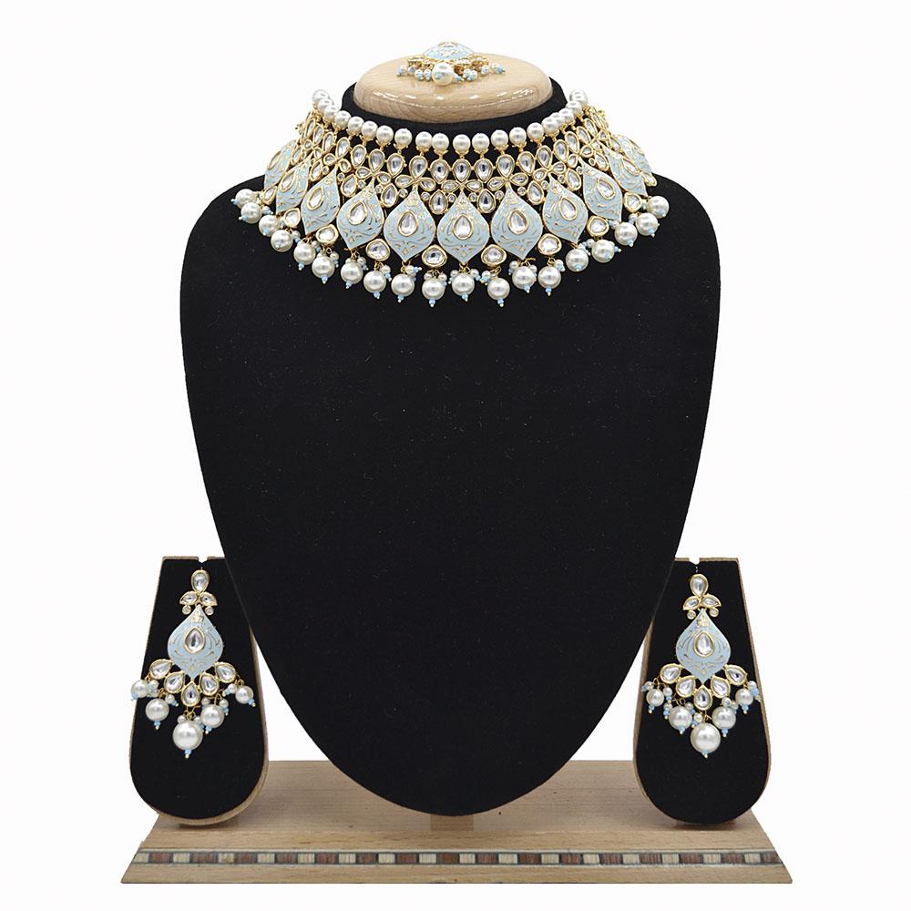 Emerald Blue Kundan & Pearl Minakari Necklace Set - EJKM0044