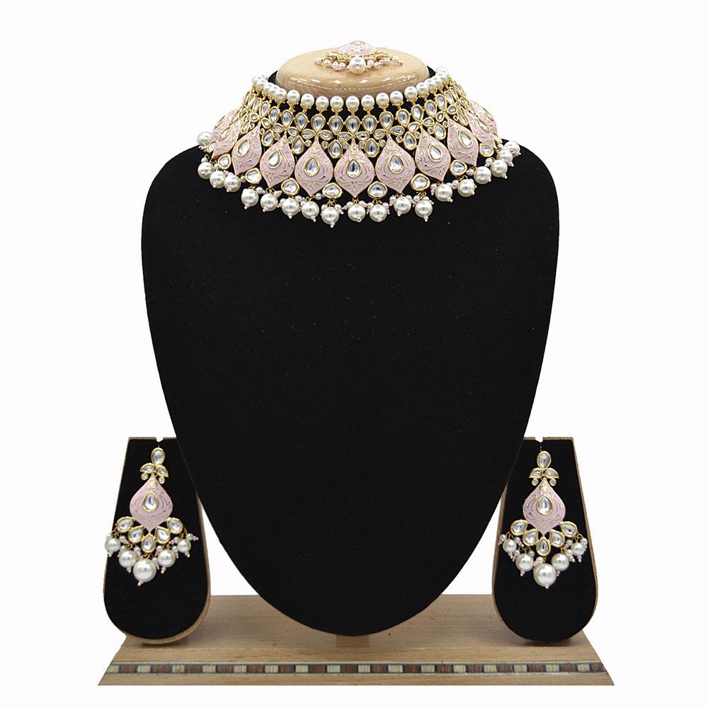 Emerald Pink Kundan & Pearl Minakari Necklace Set - EJKM0046