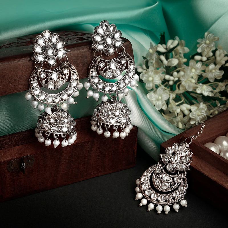 Shrishti Fashion Amazing Silver Plated Chandier Earring Maangtikka For Women
