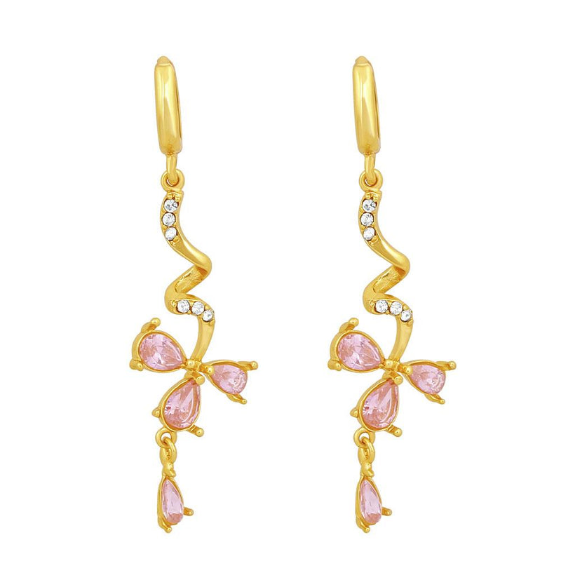 Mahi Gold Plated Pink Floral Love Beautiful Long Dangler Earrings