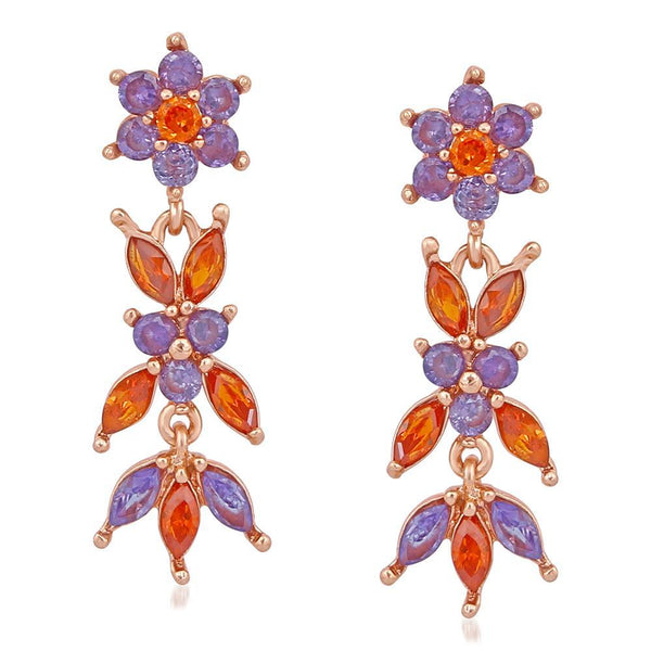 Mahi Rose Gold Plated Floral Designer Long Dangler Earrings