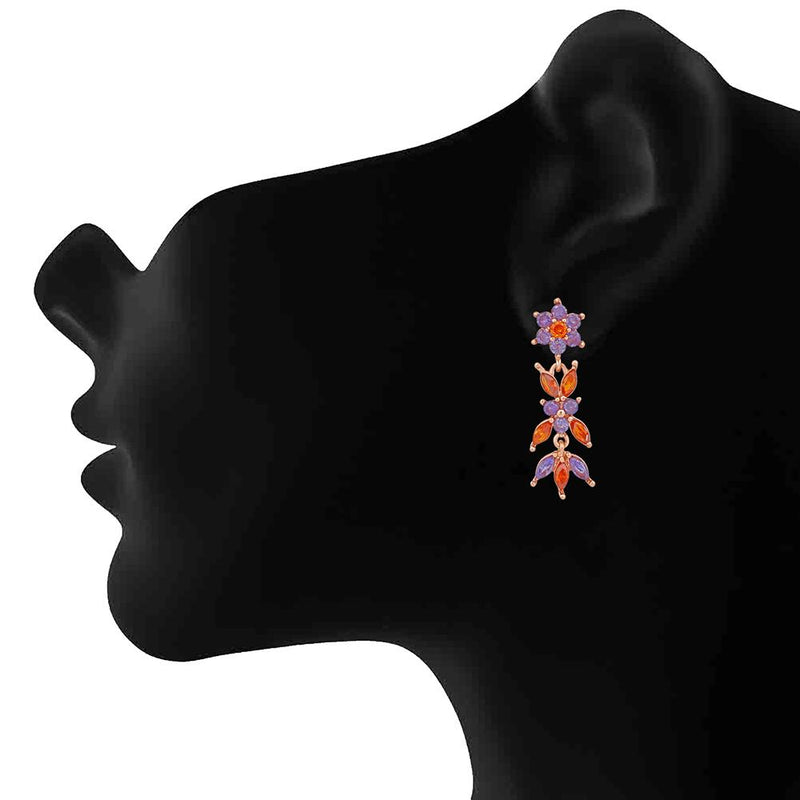 Mahi Rose Gold Plated Floral Designer Long Dangler Earrings