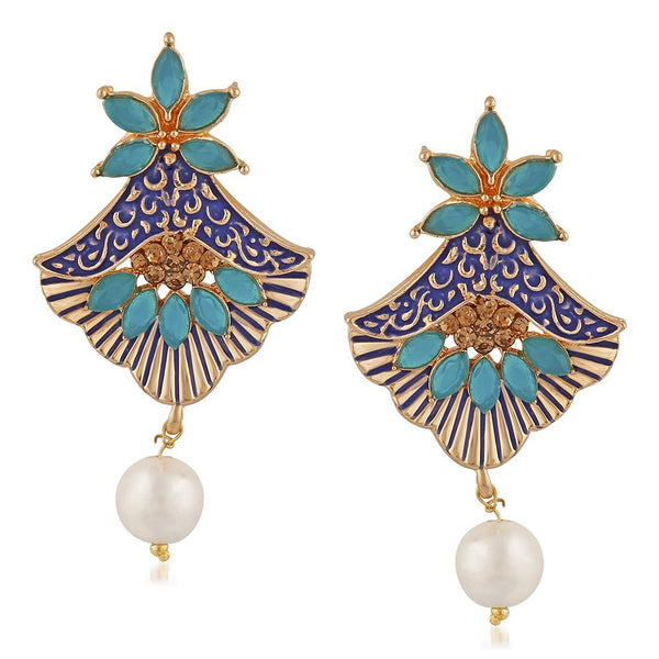 Mahi Meenakari Work Rosegold Plated Floral Dangler Earrings with Crystal and Artificial Pearl for Womens (ER1109672Z)