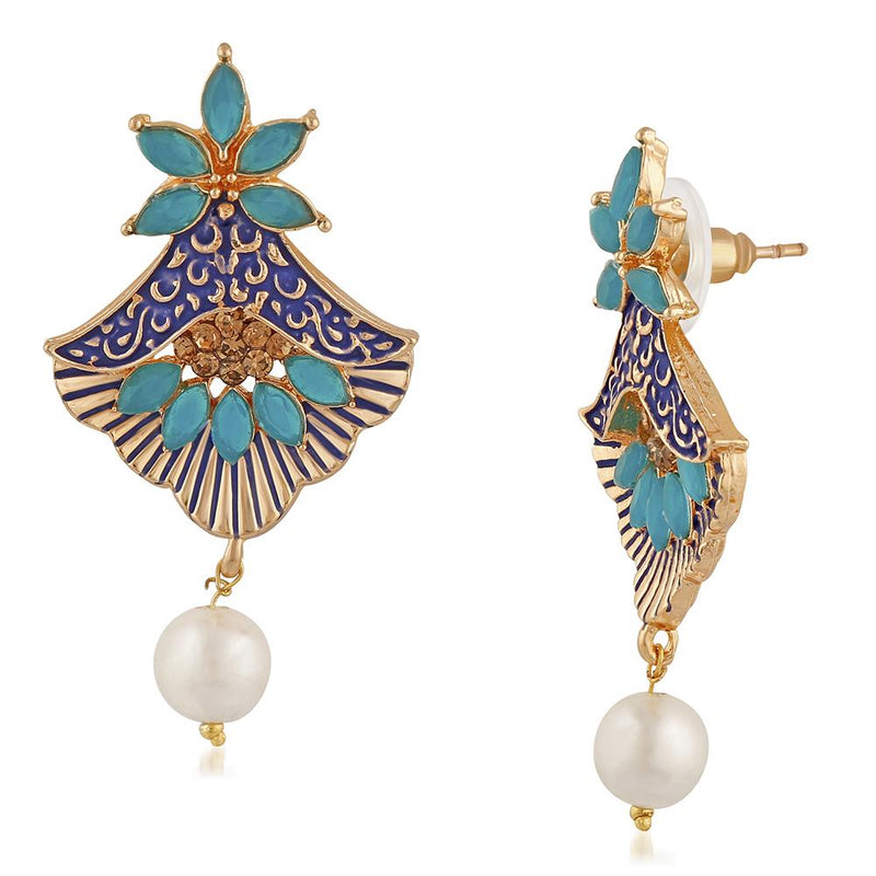 Mahi Meenakari Work Rosegold Plated Floral Dangler Earrings with Crystal and Artificial Pearl for Womens (ER1109672Z)