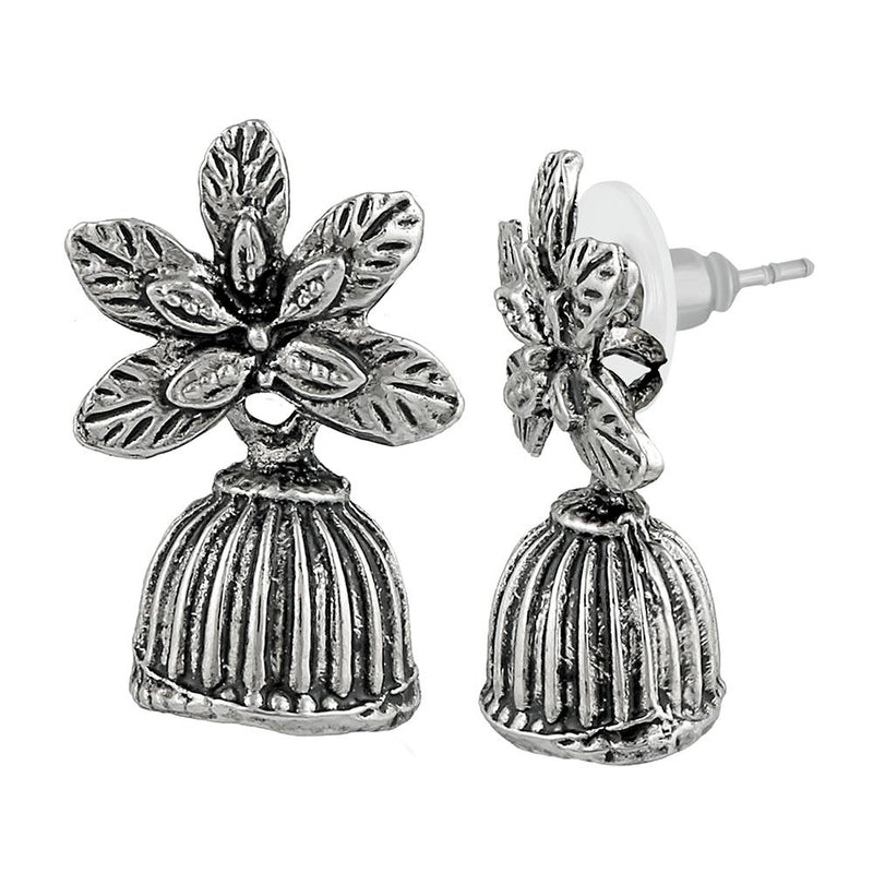 Mahi Floral Shape Silver Oxidized Traditional Small Dangle Jhumka Earrings for Women (ER1109680R)