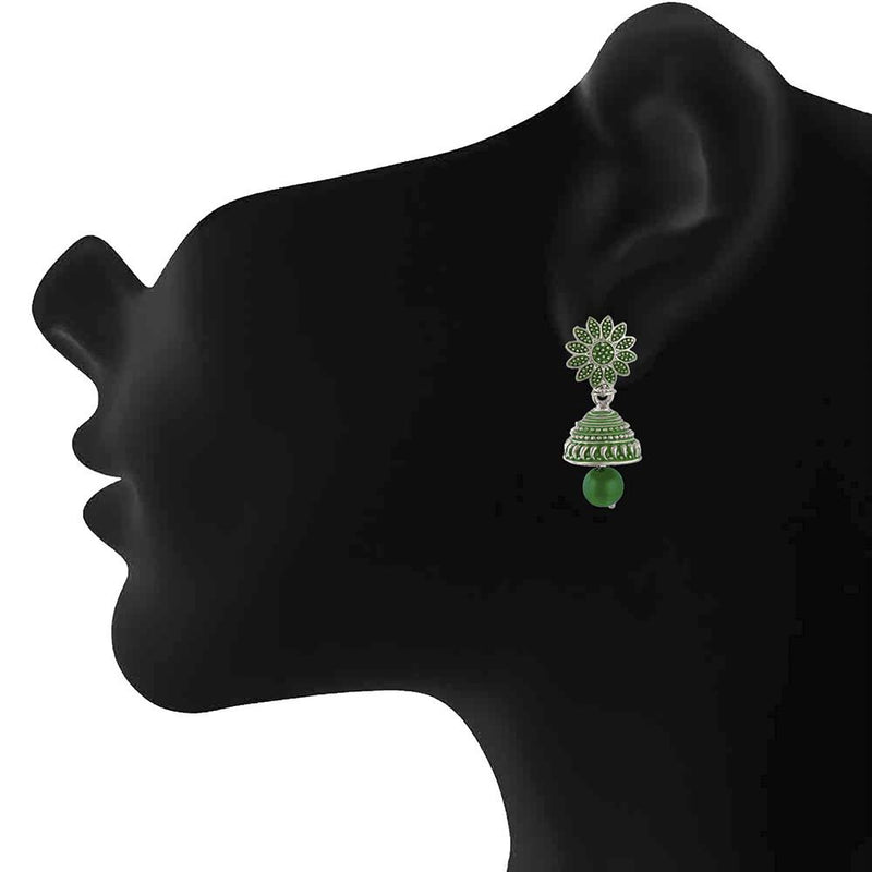 Mahi Meenakari Work Green Artificial Bead Floral Jhumka Drop Earrings for Women (ER1109685R)